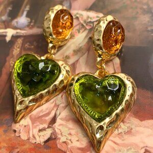 Vintage-Inspired Textured Gripoix Glass Heart Earrings | 925 Sterling Silver